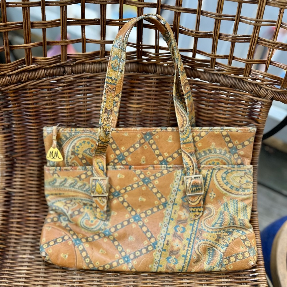 Vintage Morris Moskowitz leather boho paisley print handbag tote purse